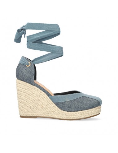 Sandalo jeans alla schiava con zeppa in juta